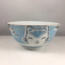 Japanese Donburi Rice Soup Bowl 5.75"D Porcelain Blue Kitty Cat Made in Japan