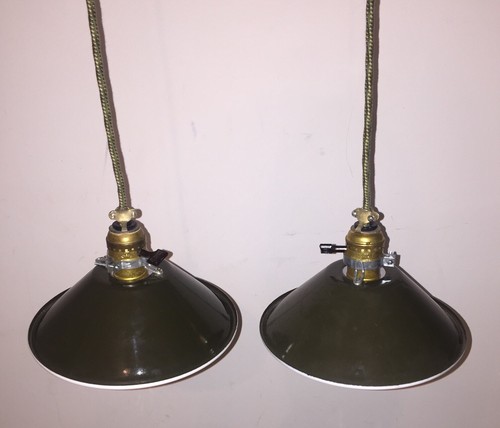 Industrial Hanging Pendant Lights NOS Military Green Shades Expertly Wired 54J - Picture 2 of 2