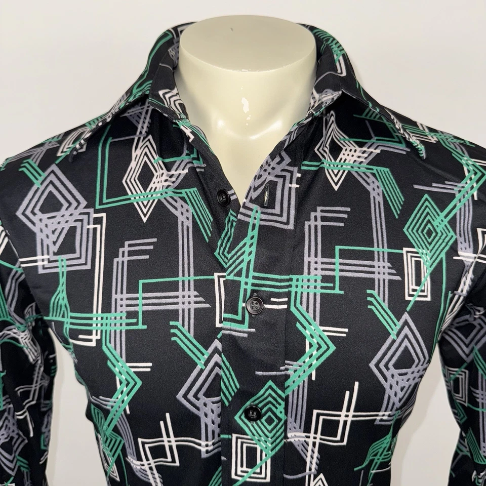 Vintage 60s 70s Disco Shirt Nylon Stretch Nik Geometric Abstract Mod Mens Medium - Image 4 of 4