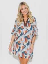 THML Geometric Print Tunic Dress Size S Boho Shift Lined Elastic Sleeve Mini