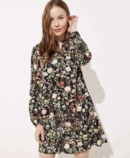 LOFT Floral Print Ruffle Split Neck Shift Dress Long Sleeve Plus Size 24 Cottage
