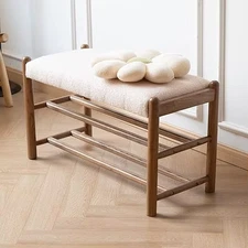 Rustic Oak Entryway Bench with Sherpa Cushion & Shoe Storage, 31.5" Long for Liv