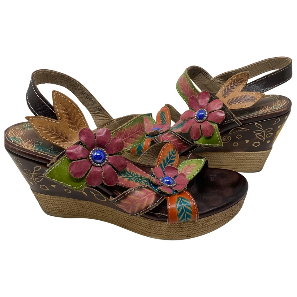 L'Artiste Spring Step Althea Leather Floral Wedge Heel Sandals Sz 38 US 7.5/8 - Image 2 of 4
