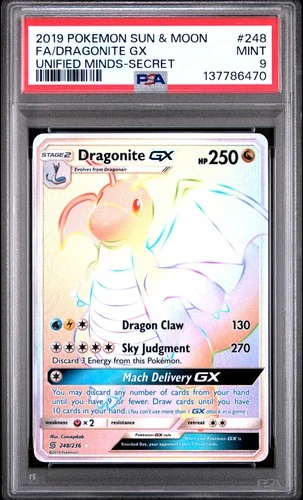 2019 POKEMON SUN & MOON UNIFIED MINDS SECRET #248 FULL ART/DRAGONITE GX PSA 9