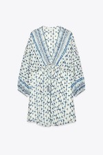 BNWT ZARA Ecru and Blue Metallic Thread Printed Mini Dress Size M
