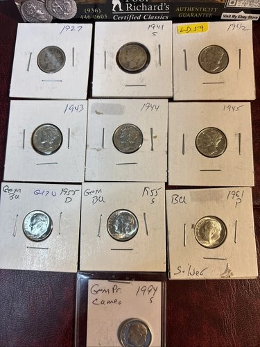 90% Silver Dimes-Bullion Prices! 10 Diff. As Shown .728 Oz Pure Silver! LD59