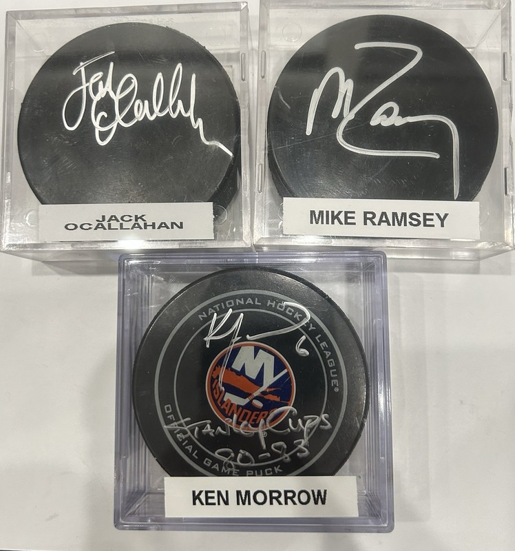 1980 Miracle On Ice Gold Medalists Autographed Pucks. Ken Morrow, OC,Mike Ramsey