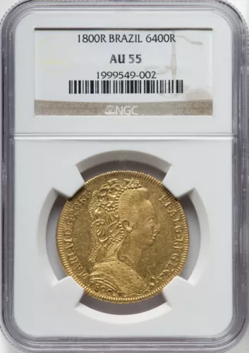 Brazil 1800 -R Maria I 6400 Reis (Peça) - NGC AU55 - LOW MINTAGE of 214,000