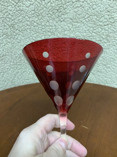 Martini Cosmo Glass Red with Clear Polka Dots Clear stem 7.25 inches tall READ - Picture 3 of 12