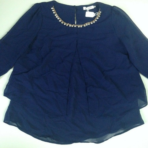 NEW! Blu Pepper Navy Blue Top Jewel Rhinestone Neckline Womens Small Long Sleeve - Picture 7 of 12