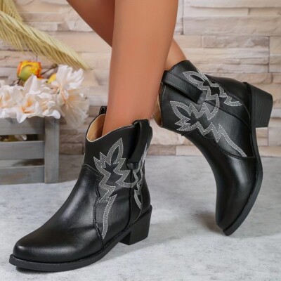 Women Cowboy Booties Low Heel Close Round Toe Western Pull On
