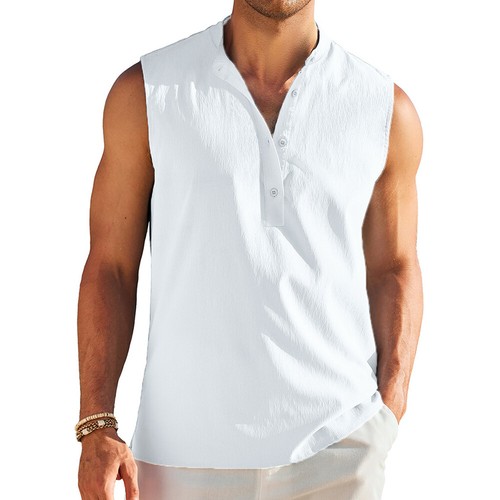 Men Sleeveless T-Shirt Basic Tees Fitness Sports Vest Button Casual Tank Top - Picture 22 of 28