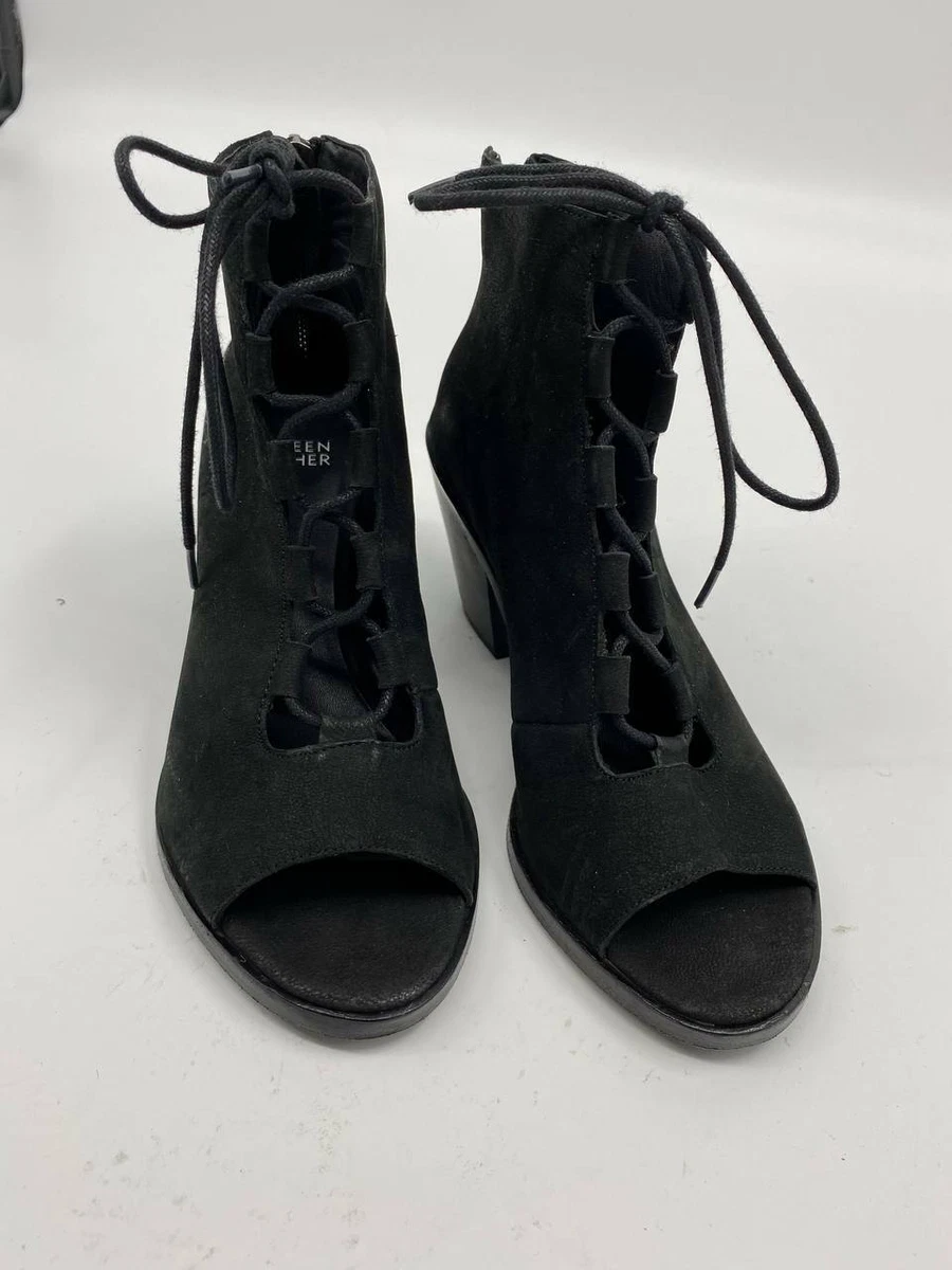 New Eileen Fisher Fallon open toe suede bootie black block heel Sz