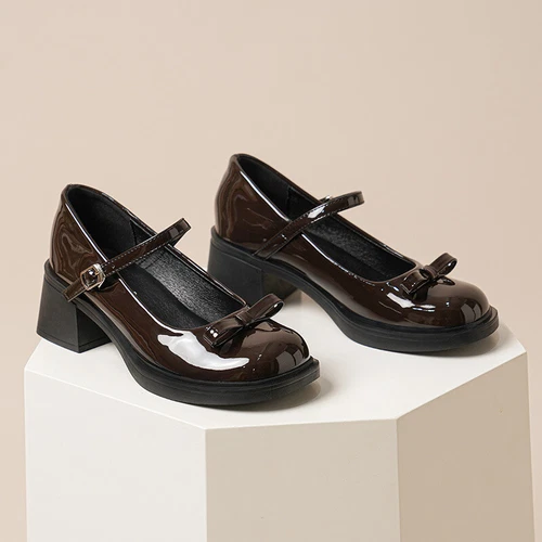 Womens Leather Bowtie Round Toe Buckle Strap Block Heel Fashion Mary Jane Shoes - Picture 18 of 30