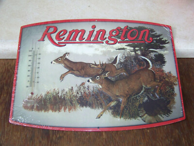 Embossed Metal Remington White-tail Deer 14 x 10 Sign Thermometer advertisement