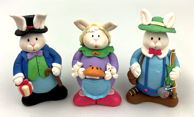 Easter Rabbit Figurines Polymer Clay Female & Male Set Of 3 Home Spring Decor