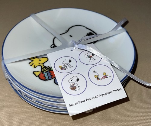 4 Peanuts Snoopy Woodstock Ceramic Appetizer Snack Plates Easter Purple Rims NEW - Picture 2 of 6
