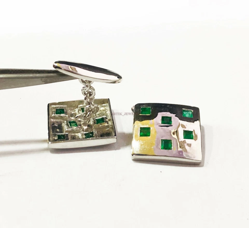 Natürlicher Smaragd Edelstein Mit 925 Sterlingsilber Manschettenknopf #2153 - Bild 2 von 4