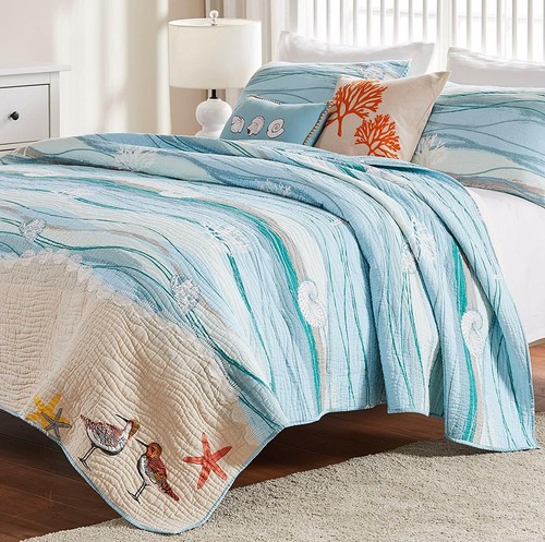 OCEAN BLUE 3p King ** QUILT SET : COTTON BEACH HOUSE SEASIDE CORAL SHELL MAUI - Picture 2 of 7