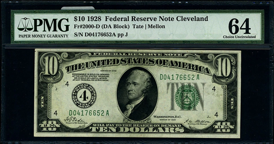 FR. 2000 D $10 1928 Federal Reserve Note Cleveland D-A Block Choice PMG CU64 EPQ - Image 2 of 3