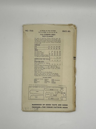 Abito chemise 1950 Vogue 7215 modello cucito taglia 14 busto 32 fianchi 35 non tagliato FF - Foto 7 di 13