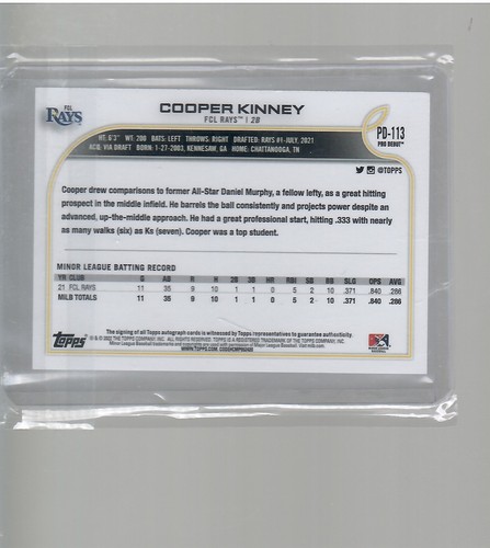 COOPER KINNEY ROOKIE AUTO 2022 TOPPS PRO DEBUT BASEBALL - Picture 2 of 2