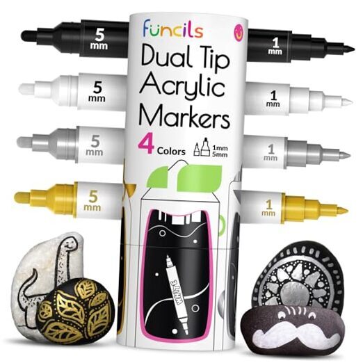 4 Dual Tip Acrylic Paint Pens - Fine Tip & Medium, Permanent & Waterproof -