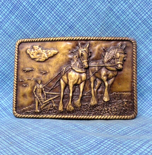 Farmer Belt Buckle Homesteader Plow Horse Team Frontier Vtg 70s Bergamot .NOX464 - Picture 2 of 9