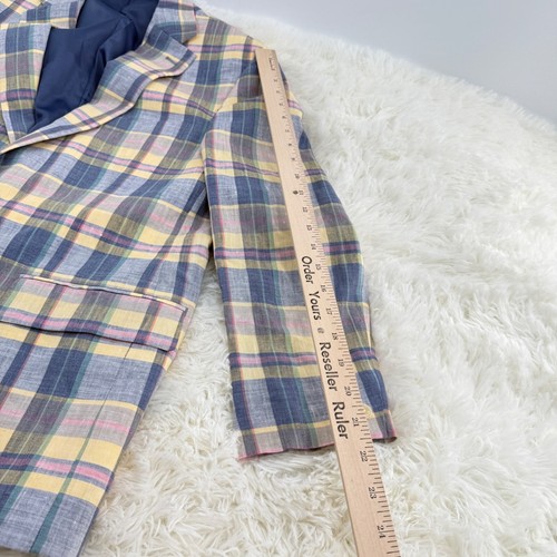 Club Room Plaid Linen Blend Blazer Sport Coat Pastel Yellow Blue Mens 40S - Picture 13 of 15
