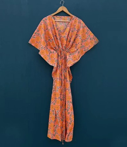 Abito lungo indiano vintage 100% cotone spiaggia maxi caftano taglia unica caftano kimono - Foto 6 di 6