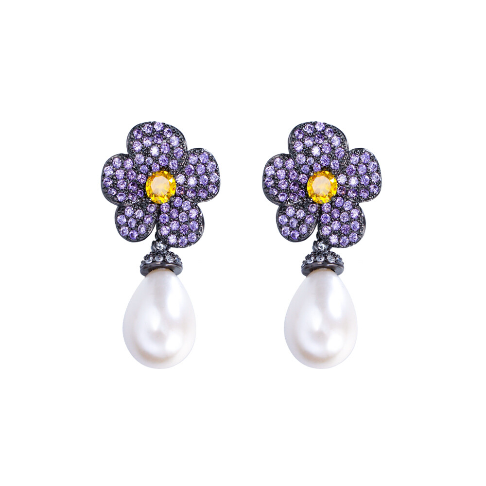 Elegant Black Gold Plated Zirconia Purple Flower Long Pearl Drop Bridal Earrings