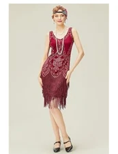 BABEYOND Dress Roaring 20s Wine Red Small Fringe Embroidery Sexy Gatsby Slinky