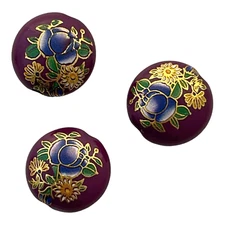 5 Beads Japanese Tensha Purple Gold Floral 16x9mm Puffed Flat Round Acrylic