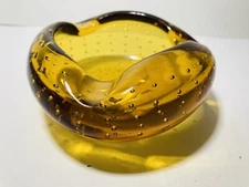 Amber Controlled Bubble  Glass Ashtray Vintage 4.25” X 4.25” Excellent