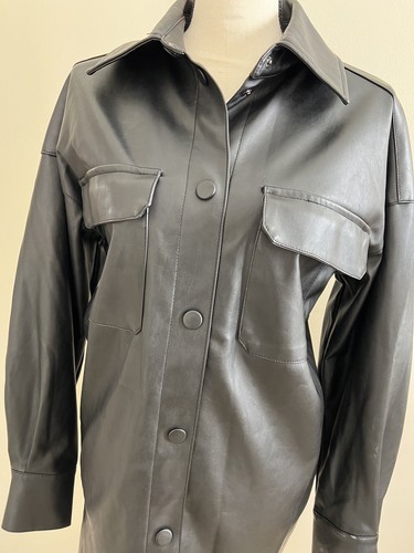 H&M Black Vegan Leather Long Sleeve Shacket Women Sz XS/S - Picture 3 of 3