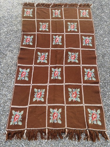 Vtg Handmade Crochet Afghan Needlepoint Blanket 68”x37” Roses Cottage Chic Throw