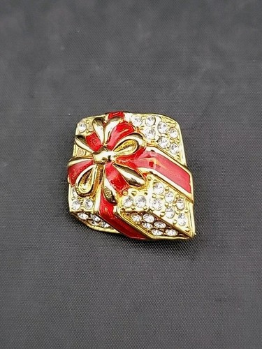 Monet Gold Tone Red Enamel Clear Rhinestones Gift Present Pin Holiday Brooch - Picture 6 of 13