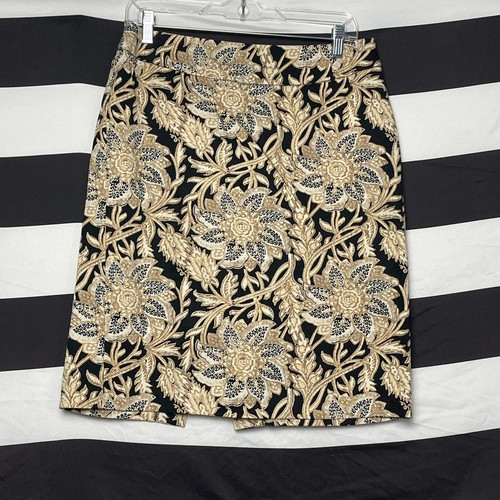 Jaclyn Smith Skirt 6 Women's A-Line Black Gold White Floral Stretch Cotton Split - Picture 9 of 9