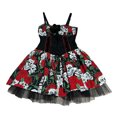 Vtg Lip Service Mini Dress Black Red Skulls Roses Layered