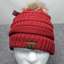CC Exclusives Knit Beanie Hat One Size Red Cable Knit Faux Fur Pom Cozy Slouchy