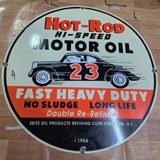 HOTROD MOTOR OIL PORCELAIN ENAMEL SIGN 29 X 29 INCHES
