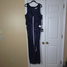 Ieena for Mac Duggal 26598 V-Neck Sequin Wrap Waist Gown in Navy Plus Size 20