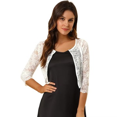 Allegra K Women's Elegant 3/4 Sleeve Sheer Floral Lace Cropped Bolero Shrugs