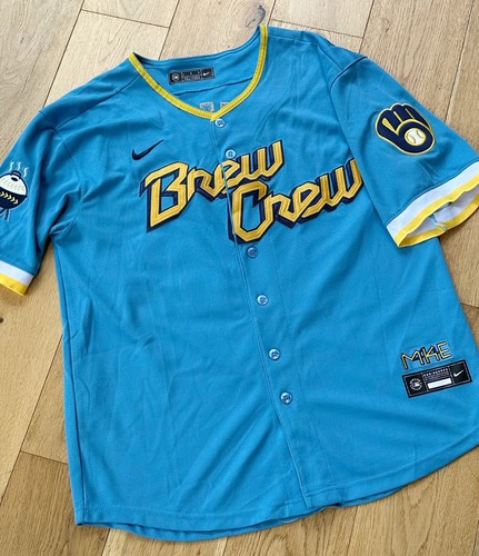 #22 Christian Yelich Milwaukee Brewers City Connect maglia cucita uomo taglia L - Foto 2 di 10