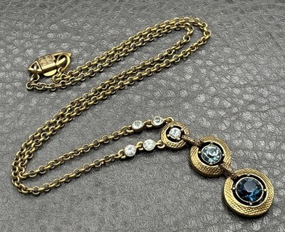 Vintage Givenchy Gold Tone Blue Crystal Drop Chain Circles Pendant Necklace 16 