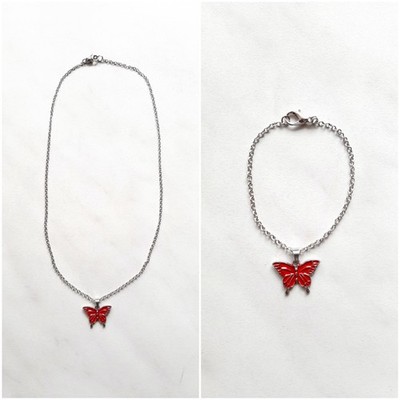 Stahlkette und Armband mit Anhänger roter Schmetterling