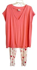 Soma Salmon Pink Hearts Banded 2-Piece Pajama Set Sleep/Lounge Wear Size Medium