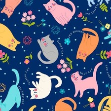 Feline Drive Fabric PURRTY PLANTS CATS Cat Toss Navy Fat Quarter 18"x22" FQ