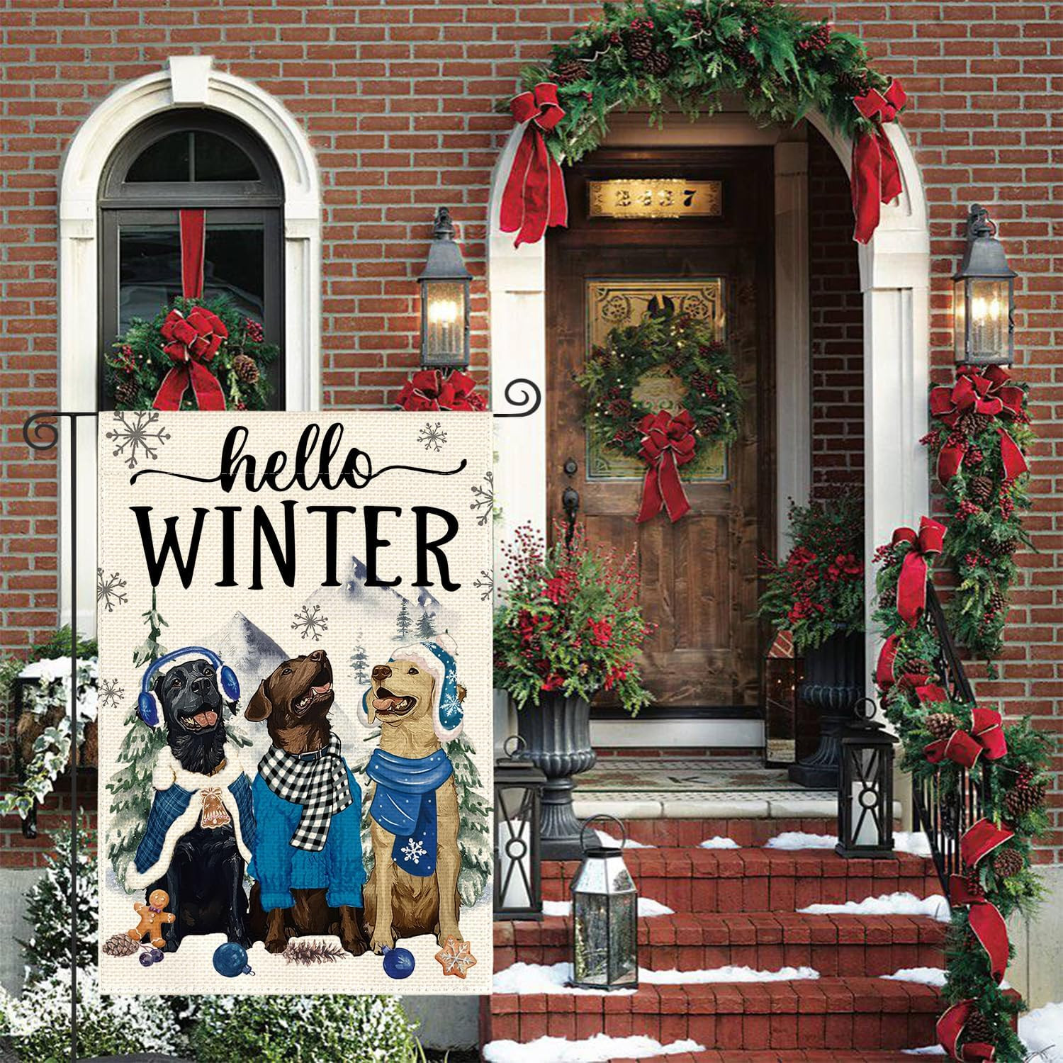 Hello Winter Dog Garden Flag 12X18 Inch Double Sided Outside, Snowflake Seasonal