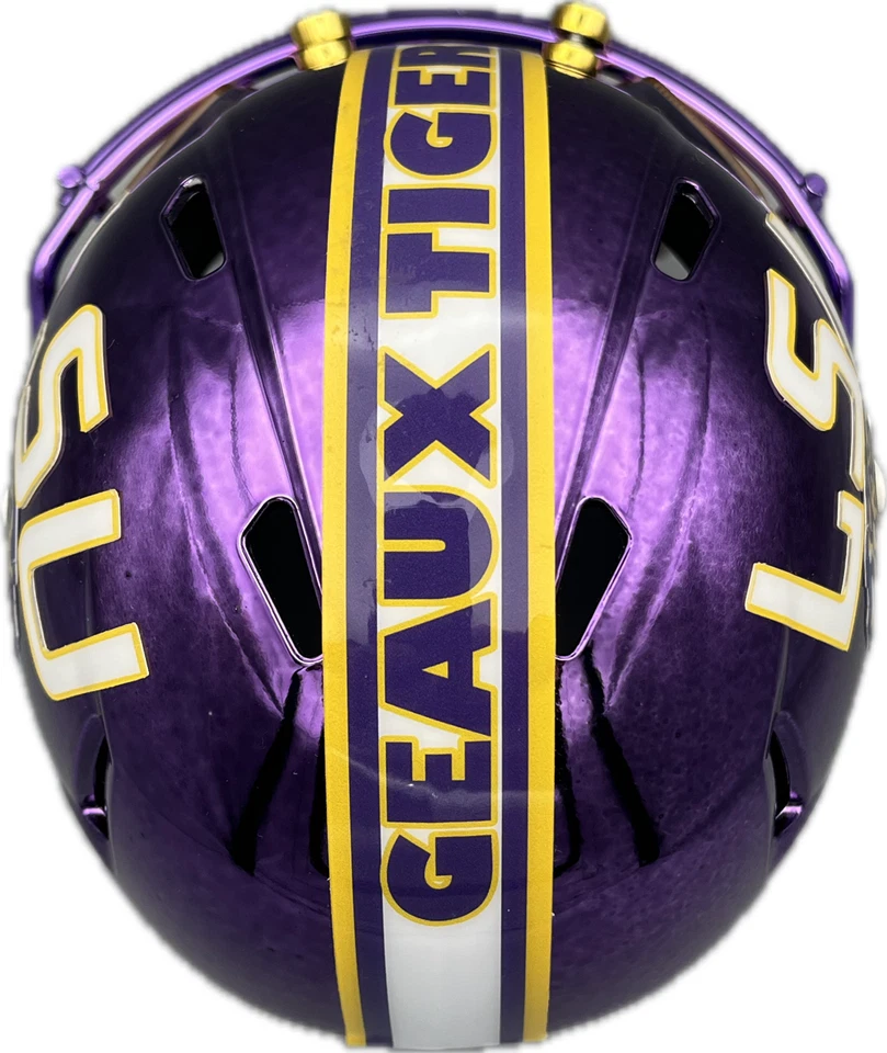 Mini casco personalizado LSU Tigers cromo púrpura con metal púrpura FM y visera dorada Foto 4 de 4